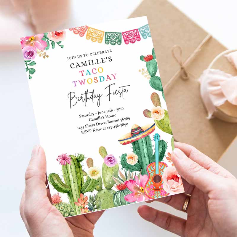 Taco Twosday Kids Birthday, Fiesta Invitation, Fiesta Kids Birthday Party, Watercolor Cactus Mexican Kids Birthday Party