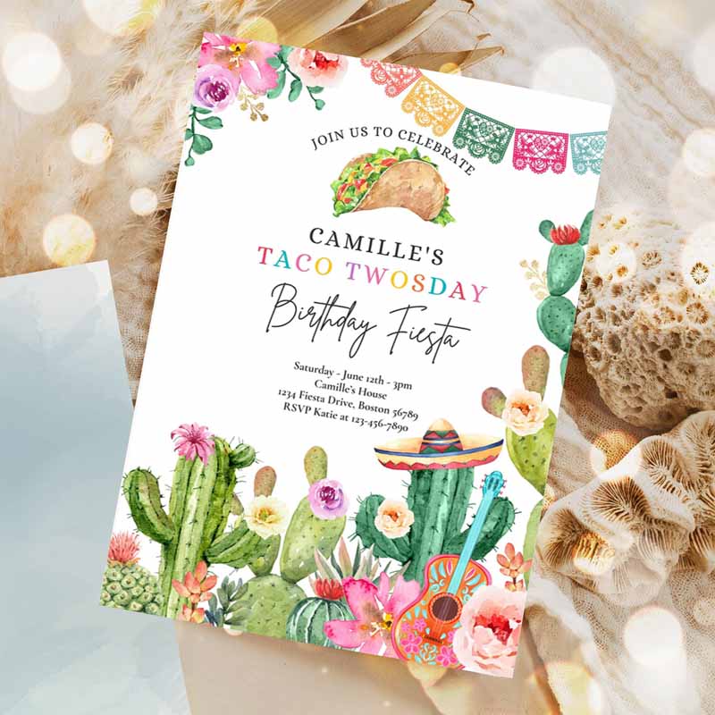 Taco Twosday Kids Birthday, Fiesta Party Invitation, Fiesta Kids Birthday Party, Watercolor Cactus Mexican Kids Birthday