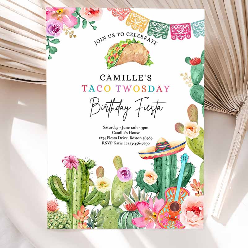 Taco Twosday Kids Birthday, Fiesta Party Invitation, Fiesta Kids Birthday Party, Watercolor Cactus Mexican Kids Birthday Party