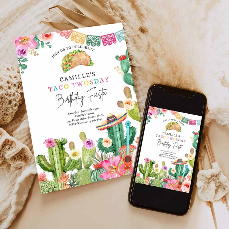 Taco Twosday Kids Birthday, Fiesta Party Invitation, Fiesta Kids Birthday Party, Watercolor Cactus Mexican Kids Birthday Party