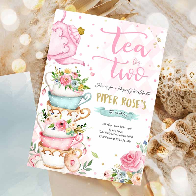 Tea For Two Kids Birthday Invitation, Tea For Two Kids Birthday Party, Pink Gold Floral Whimsical Tea Party Invitation