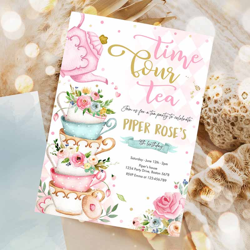 Tea Party, Kids Birthday Invitation, Time Four Tea Kids Birthday Party, Pink & Gold Floral Whimsical Kids Birthday