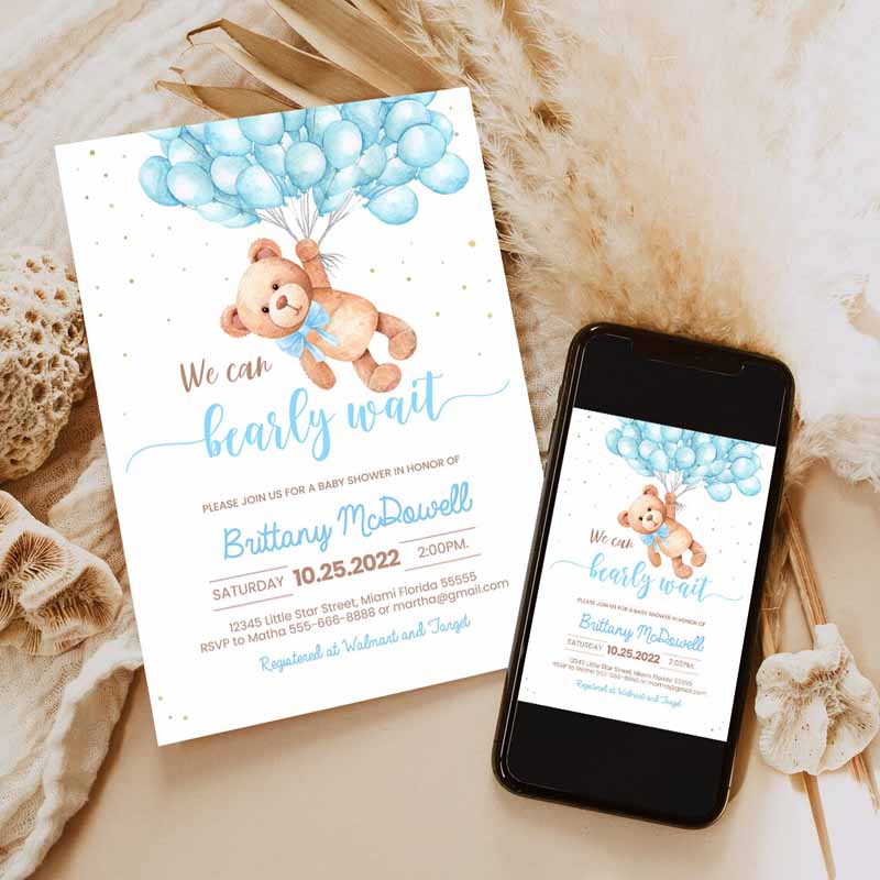 Teddy Bear Baby Shower Invitation, Bearemed Baby Shower Invite Printable Bear With Balloons Invitations