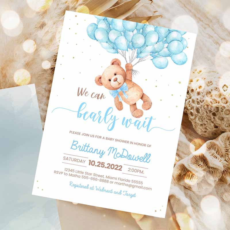 Teddy Bear Baby Shower Invitation, Bearemed Baby Shower Invite Printable Bear With Balloons Invitations