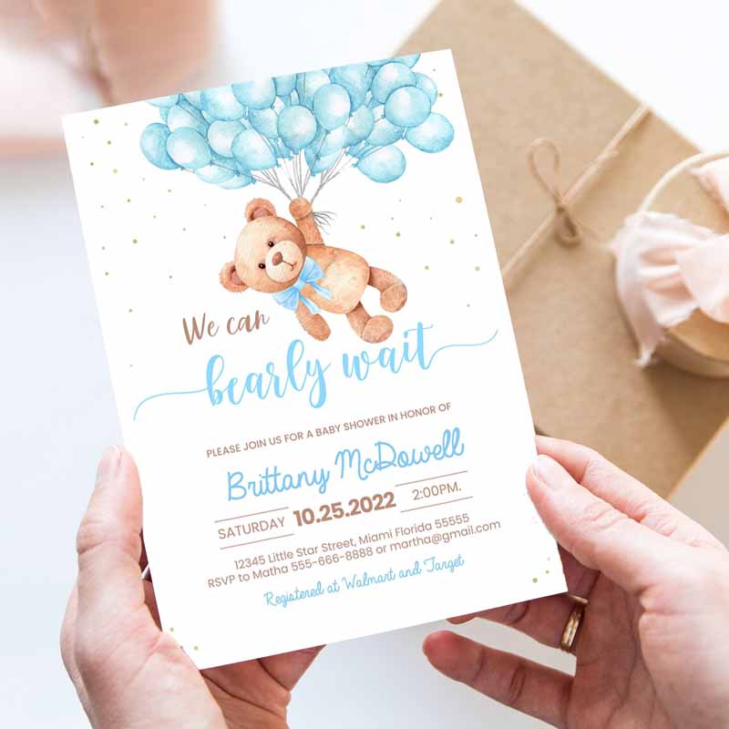 Teddy Bear Baby Shower Invitation, Bearemed Baby Shower Invite Printable Bear With Balloons Invitations