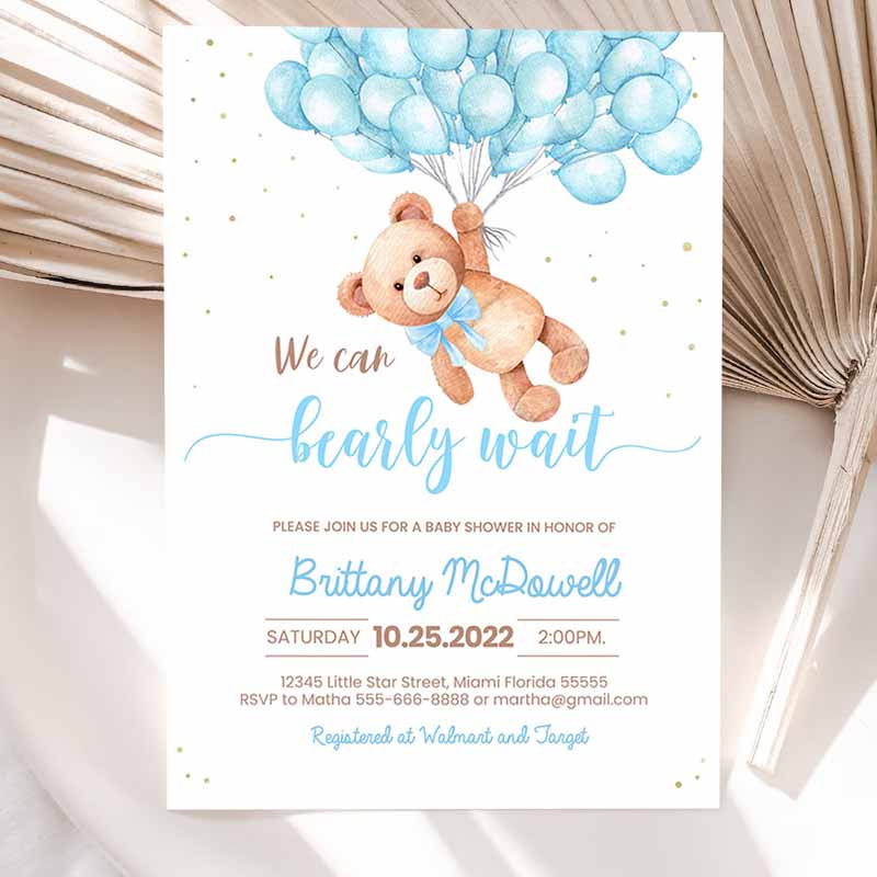 Teddy Bear Baby Shower Invitation, Bearemed Baby Shower Invite Printable Bear With Balloons Invitations