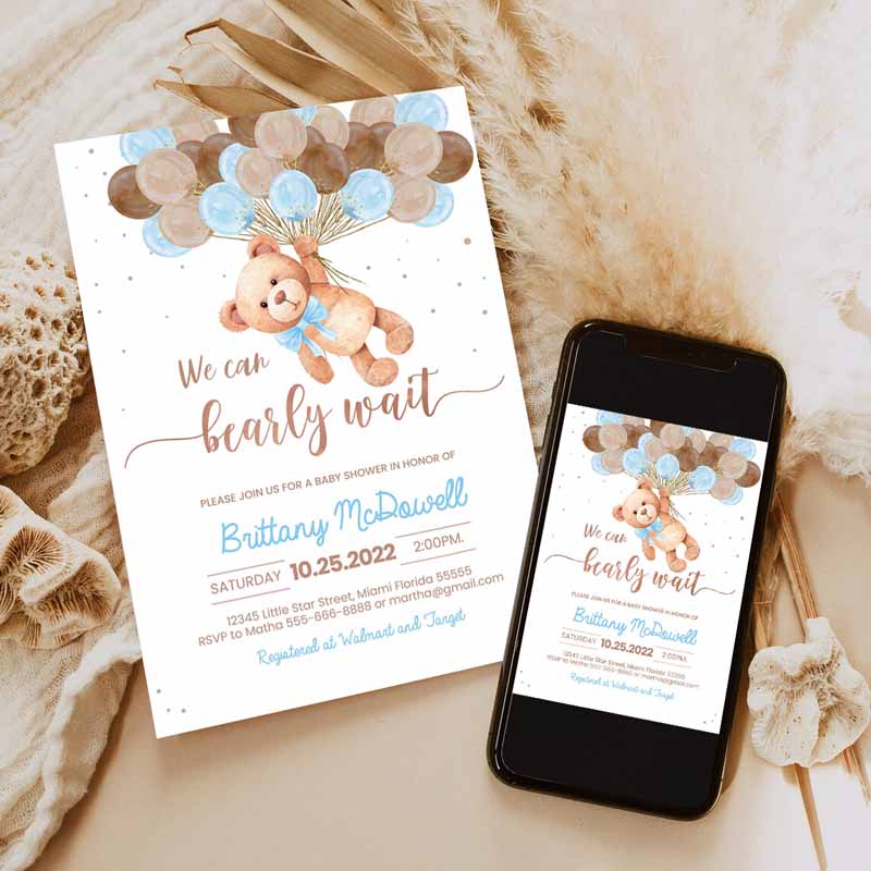 Teddy Bear Baby Shower Invitation, Bearemed Baby Shower Party, Invite Printable Bear with Balloons Invitations