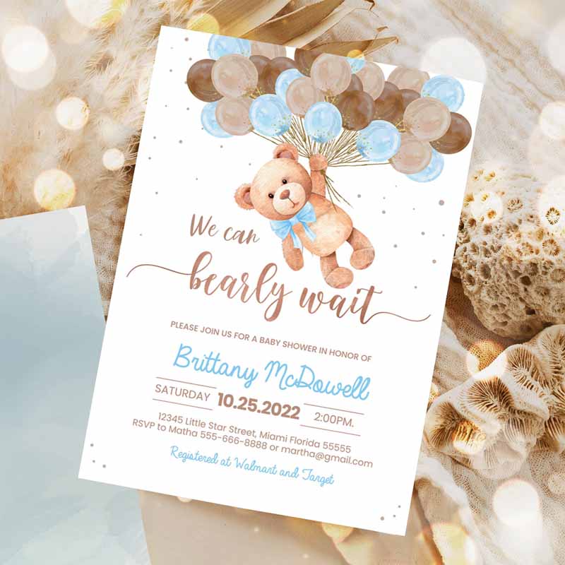 Teddy Bear Baby Shower Invitation, Bearemed Baby Shower Party, Invite Printable Bear with Balloons Invitations