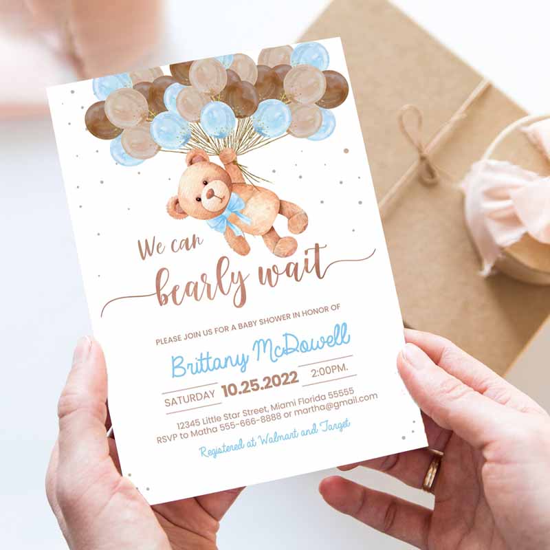 Teddy Bear Baby Shower Invitation, Bearemed Baby Shower Party, Invite Printable Bear with Balloons Invitations