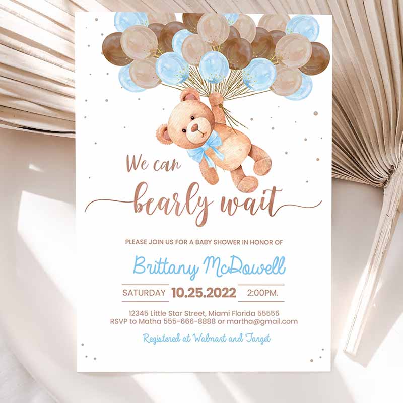 Teddy Bear Baby Shower Invitation, Bearemed Baby Shower Party, Invite Printable Bear with Balloons Invitations