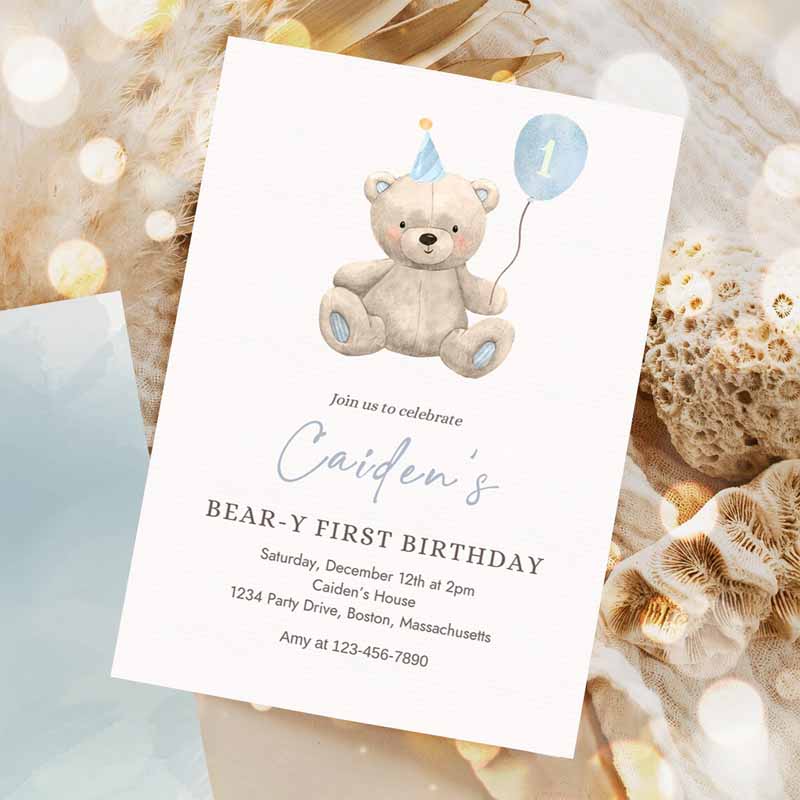 Teddy Bear Kids Birthday Invitation, Blue Boy Teddy Bear Party, Bear-y First Kids Birthday Party, Bear Balloons Kids Birthday