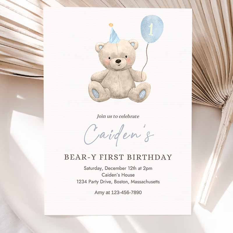 Teddy Bear Kids Birthday Invitation, Blue Boy Teddy Bear Party, Bear-y First Kids Birthday Party, Bear Balloons Kids Birthday Party