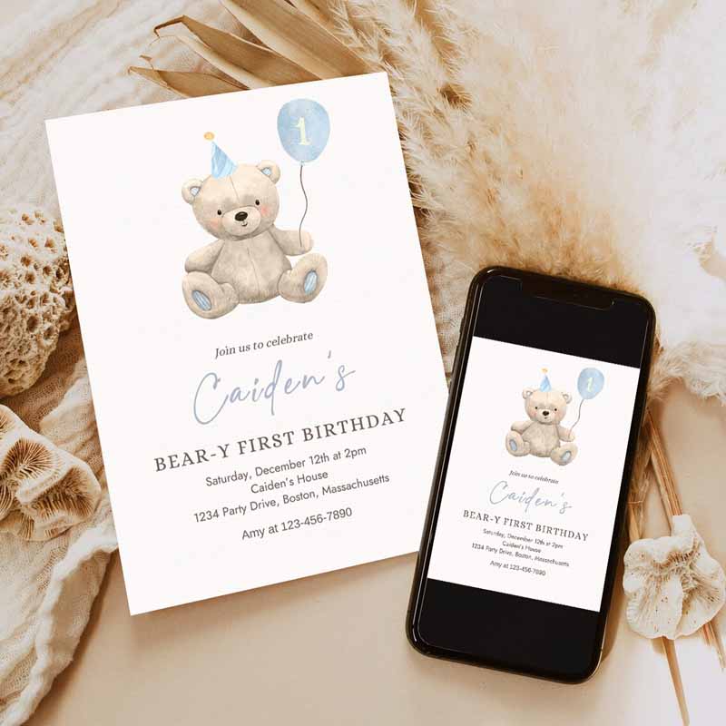 Teddy Bear Kids Birthday Invitation, Blue Boy Teddy Bear Party, Bear-y First Kids Birthday Party, Bear Balloons Kids Birthday Party