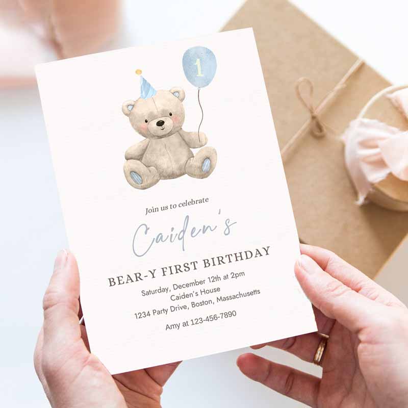 Teddy Bear Kids Birthday Invitation, Blue Boy Teddy Bear Party, Bear-y First Kids Birthday Party, Bear Balloons Kids Birthday Party