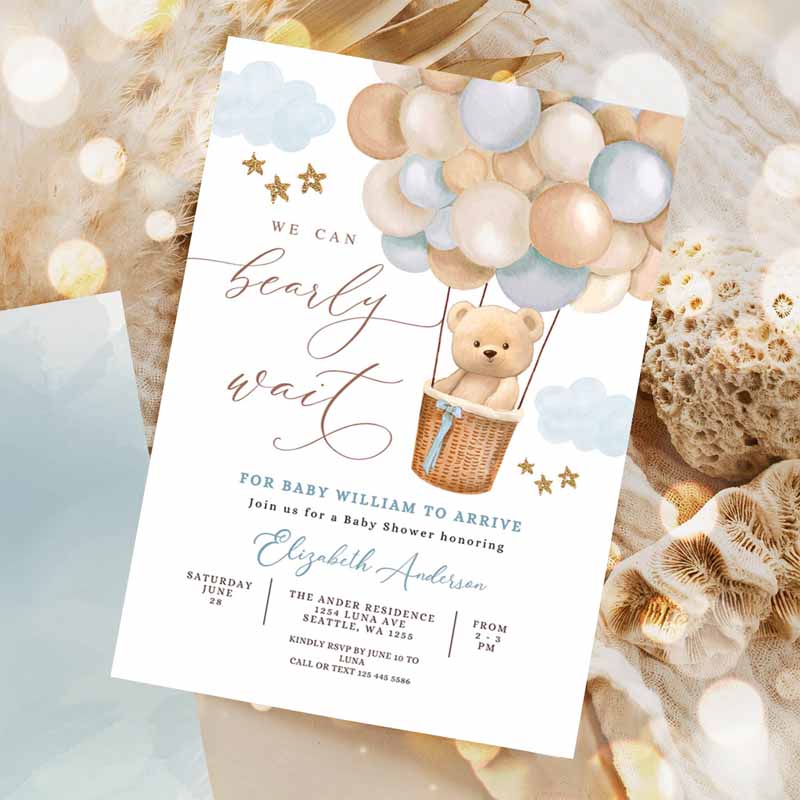 Teddy Bear Hot Air Balloon Baby Shower Invitation, Blue Tan Beige We Can Bearly Wait