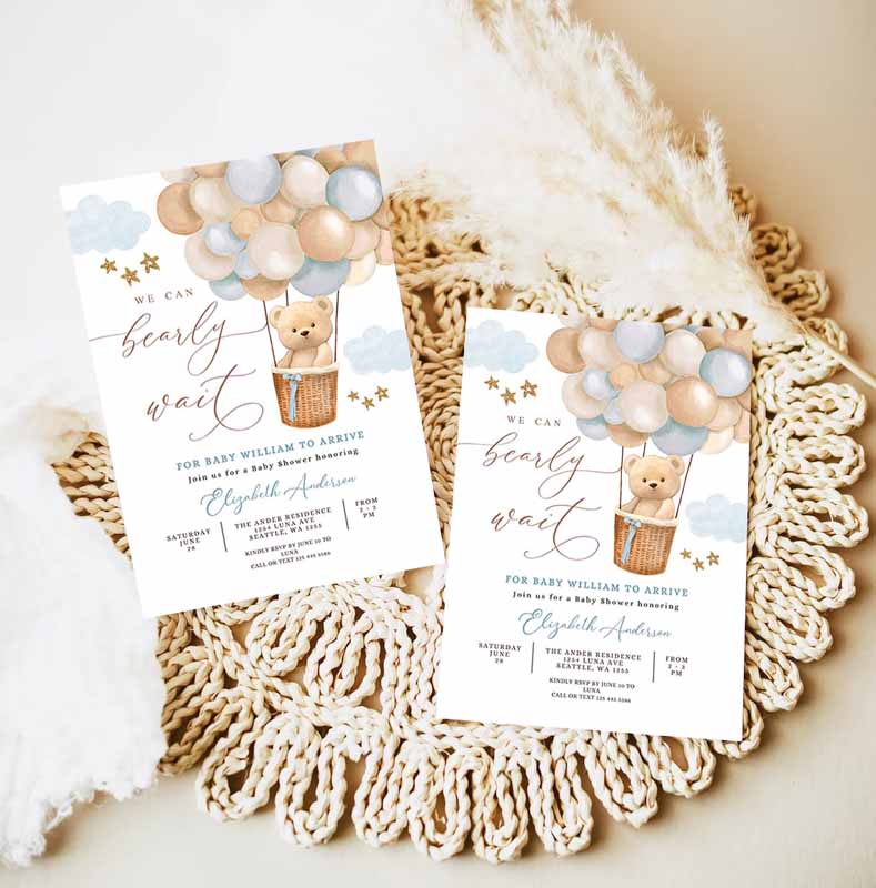 Teddy Bear Hot Air Balloon Baby Shower Invitation, Blue Tan Beige We Can Bearly Wait