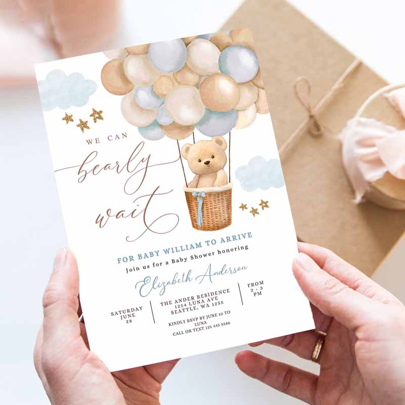 Teddy Bear Hot Air Balloon Baby Shower Invitation, Blue Tan Beige We Can Bearly Wait