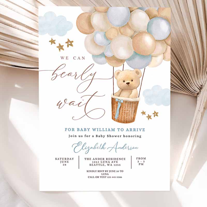 Teddy Bear Hot Air Balloon Baby Shower Invitation, Blue Tan Beige We Can Bearly Wait