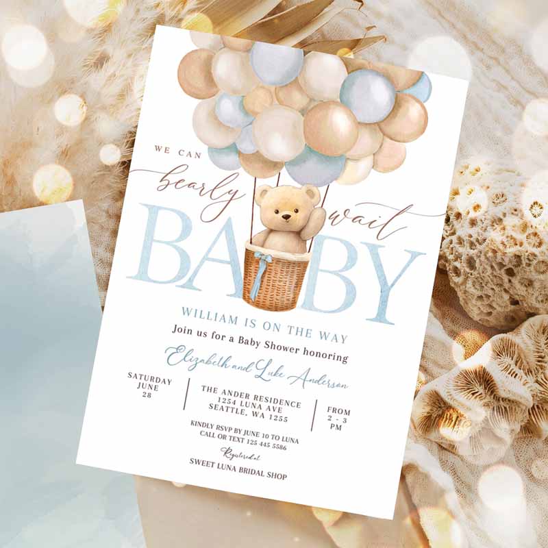 Teddy Bear Hot Air Balloon Beareme Baby Shower Invitation, We Can Bearly Wait