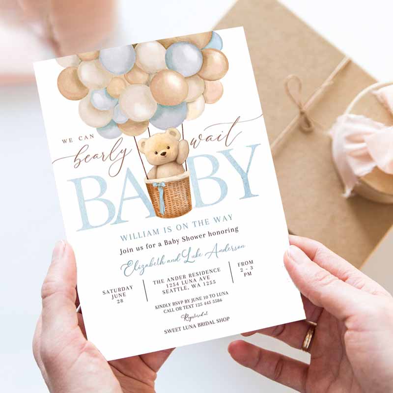 Teddy Bear Hot Air Balloon Beareme Baby Shower Invitation, We Can Bearly Wait