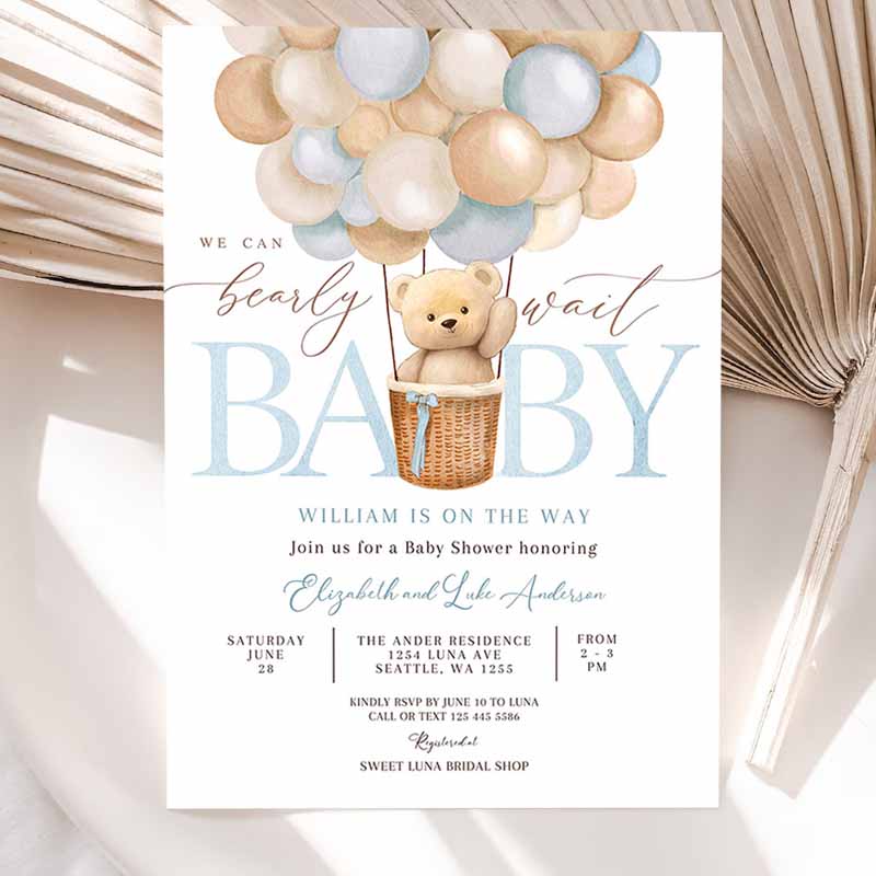 Teddy Bear Hot Air Balloon Beareme Baby Shower Invitation, We Can Bearly Wait