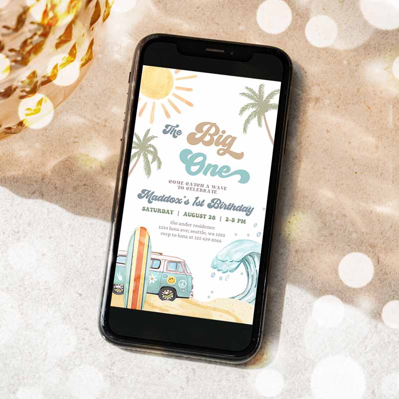 The Big One Surf Kids Birthday, Evite Retro Surfboard Beach Party, Wave Surfer Boho Invite Phone Download