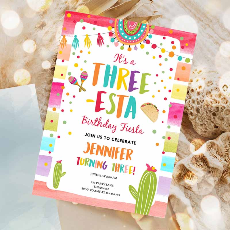 Three-Esta Fiesta Kids Birthday Invitation,ird Kids Birthday, Cactus Mexican Boy Girl Cactus Party Invitation