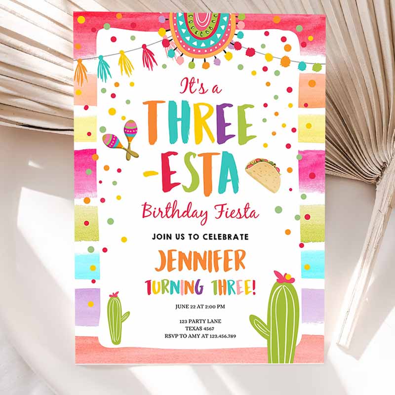 Three-Esta Fiesta Kids Birthday Invitation,ird Kids Birthday, Cactus Mexican Boy Girl Cactus Party Invitation