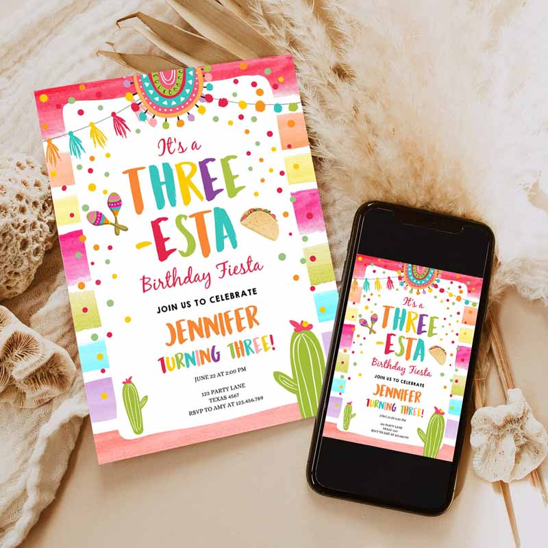 Three-Esta Fiesta Kids Birthday Invitation,ird Kids Birthday, Cactus Mexican Boy Girl Cactus Party Invitation