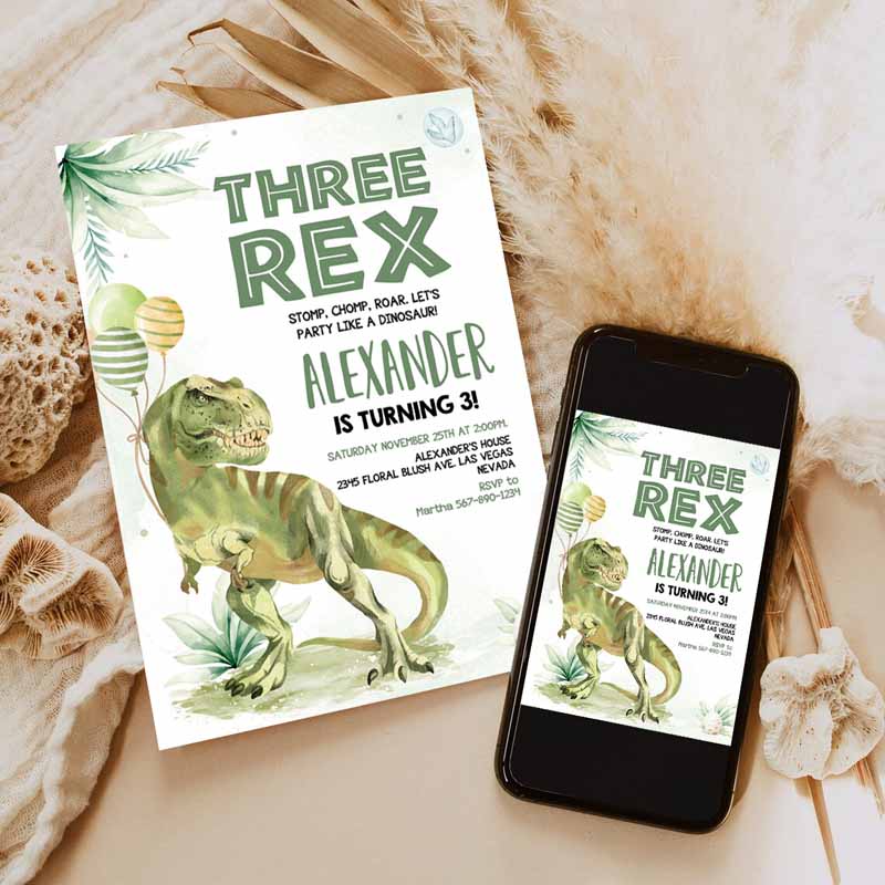 Three Rex Invitation, Boy Dinosaur birthday Invitation,Three rex birthday three rex invite Printable Boy Party