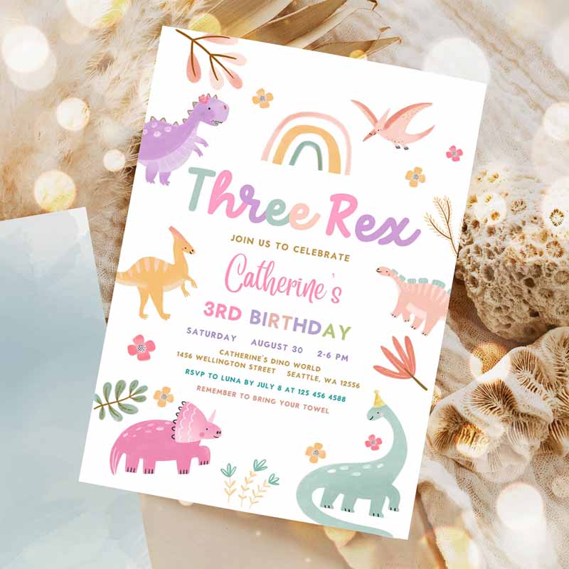 Three Rex Invitation, Dino Kids Birthday, Invite Rex Pink Lavender Purple Dino Party Invitation