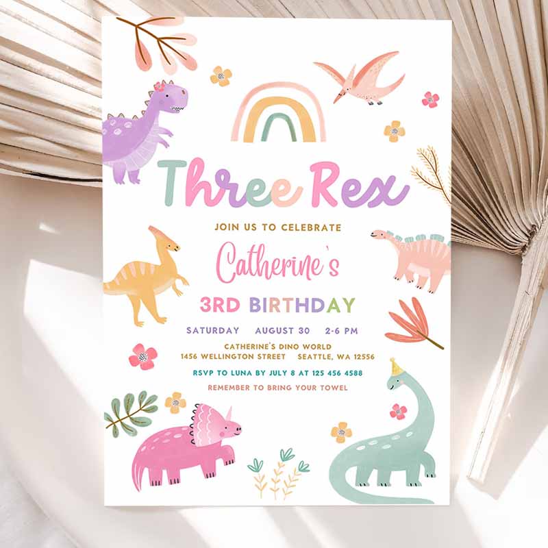 Three Rex Invitation, Dino Kids Birthday, Invite Rex Pink Lavender Purple Dino Party