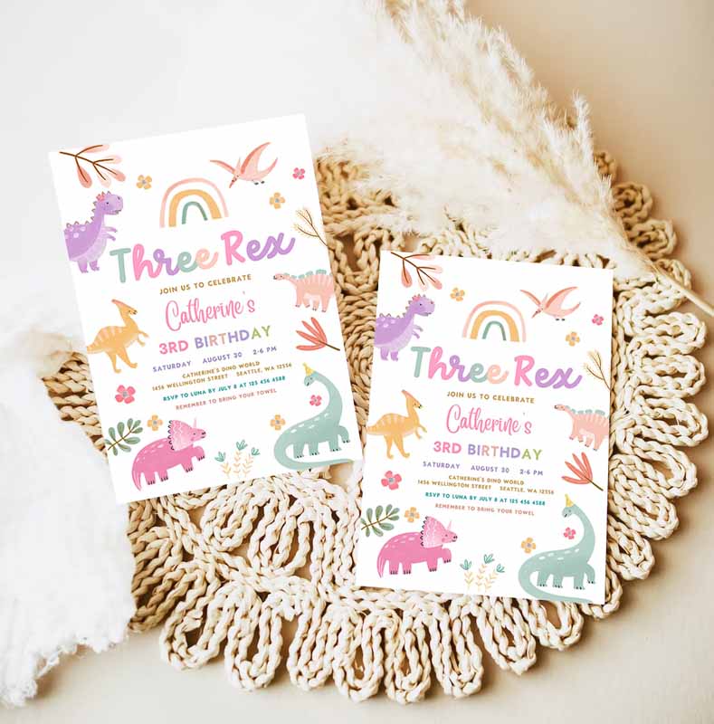 Three Rex Invitation, Dino Kids Birthday, Invite Rex Pink Lavender Purple Dino Party