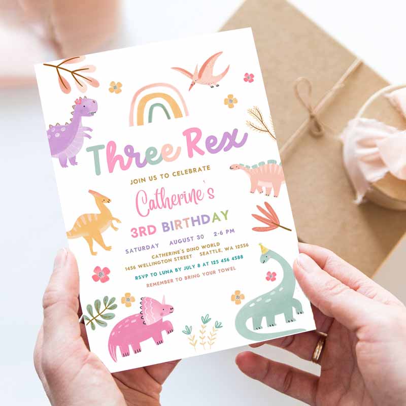 Three Rex Invitation, Dino Kids Birthday, Invite Rex Pink Lavender Purple Dino Party