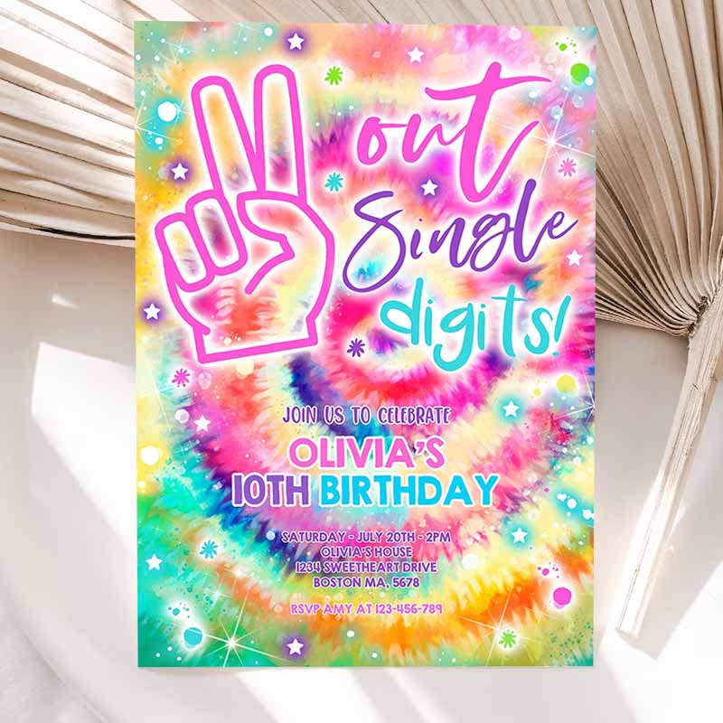 Tie Dye Kids Birthday Invitation, Peace Out Single Digits Hippy Tie Dye Party, Double Digits Tween VSCO Girl