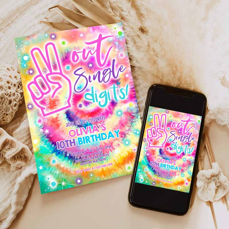 Tie Dye Kids Birthday Invitation, Peace Out Single Digits Hippy Tie Dye Party, Double Digits Tween VSCO Girl