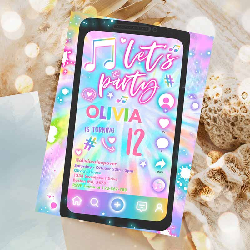 Tie Dye Music Kids Birthday Invitation, Music App Teen Tween Kids Birthday Party, Musical App Social Media Kids Birthday Party