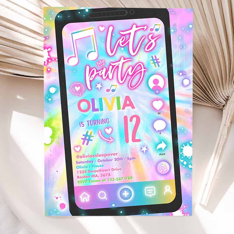 Tie Dye Music Kids Birthday Invitation, Music App Teen Tween Kids Birthday Party, Musical App Social Media Kids Birthday Party