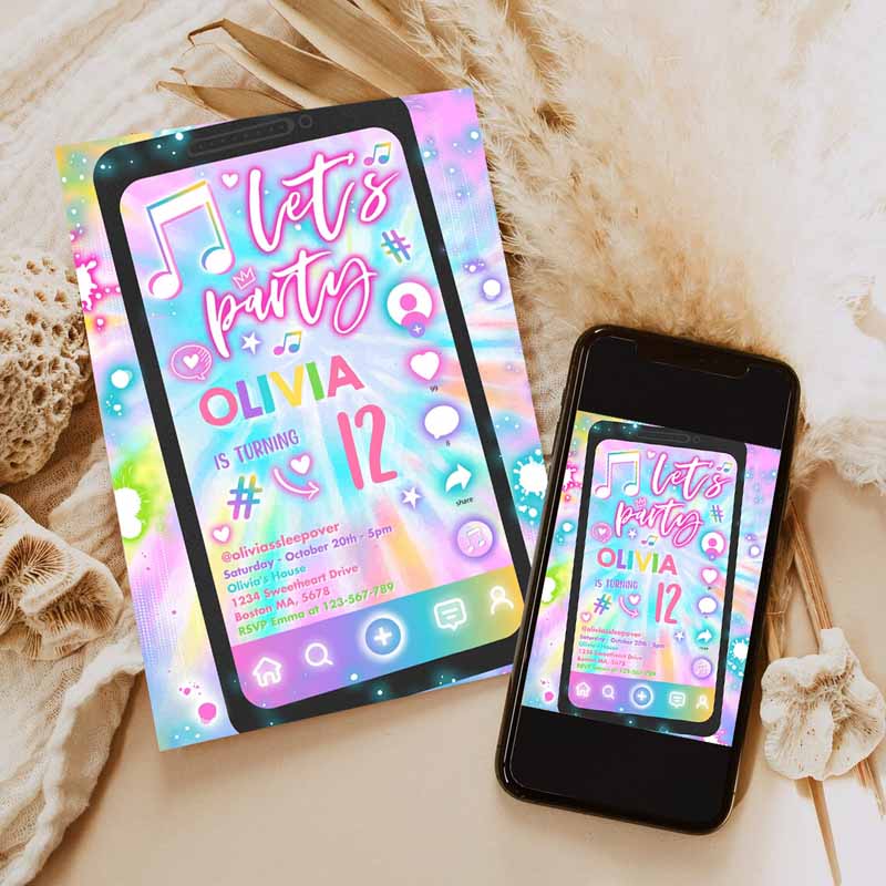 Tie Dye Music Kids Birthday Invitation, Music App Teen Tween Kids Birthday Party, Musical App Social Media Kids Birthday Party