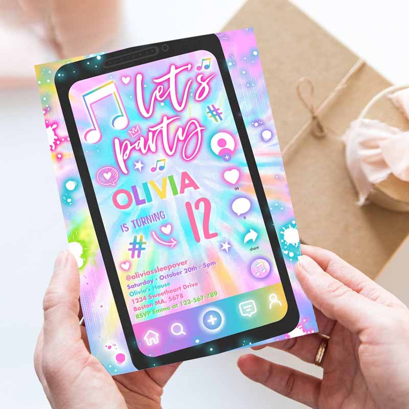 Tie Dye Music Kids Birthday Invitation, Music App Teen Tween Kids Birthday Party, Musical App Social Media Kids Birthday Party