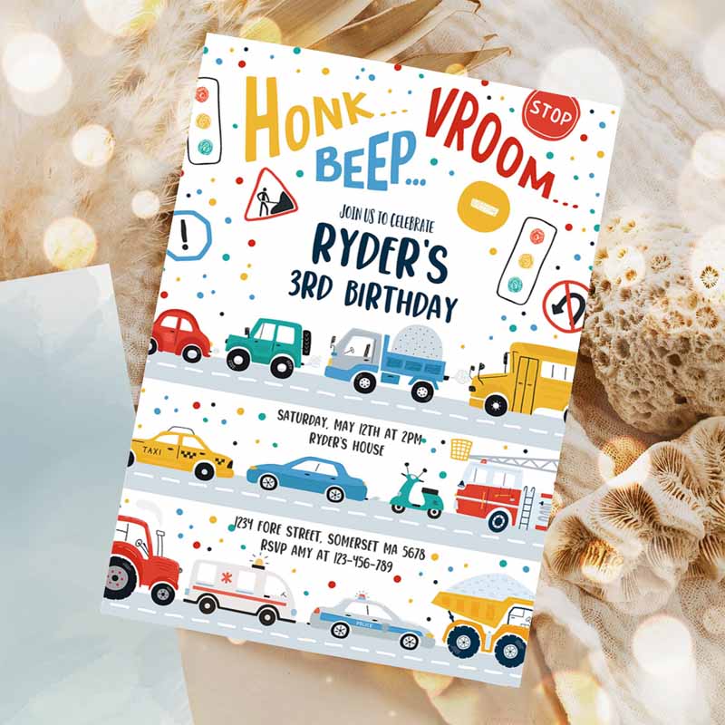 Transportation Kids Birthday Invitation, Trucks Cars Diggers Tractor First Responders Kids Birthday