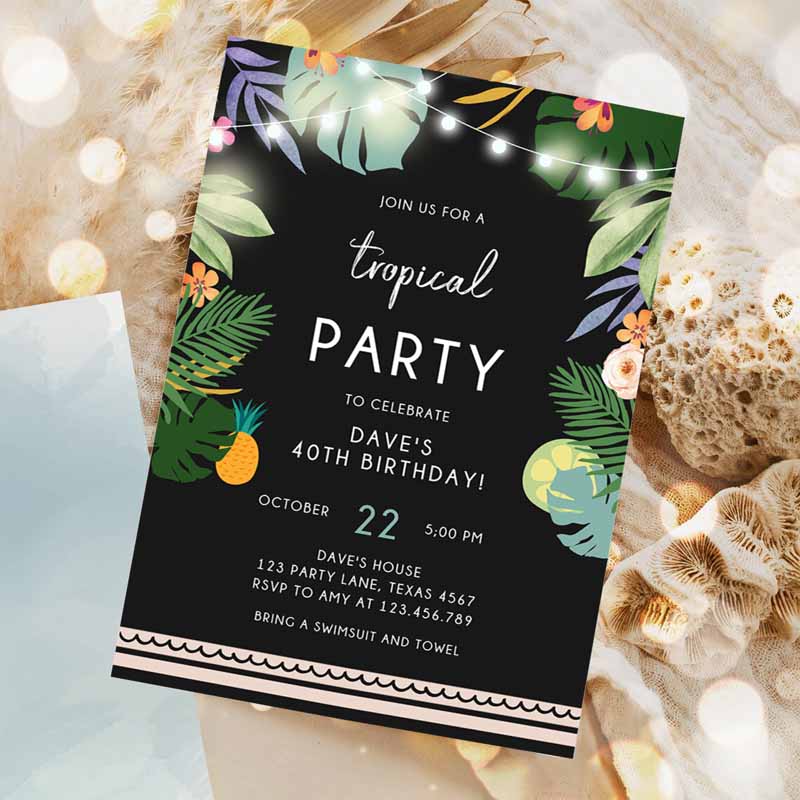 Tropical Kids Birthday Invitation, Tropical Party, Adult Kids Birthday, Man Woman Palm Leaves Hawaiian Party