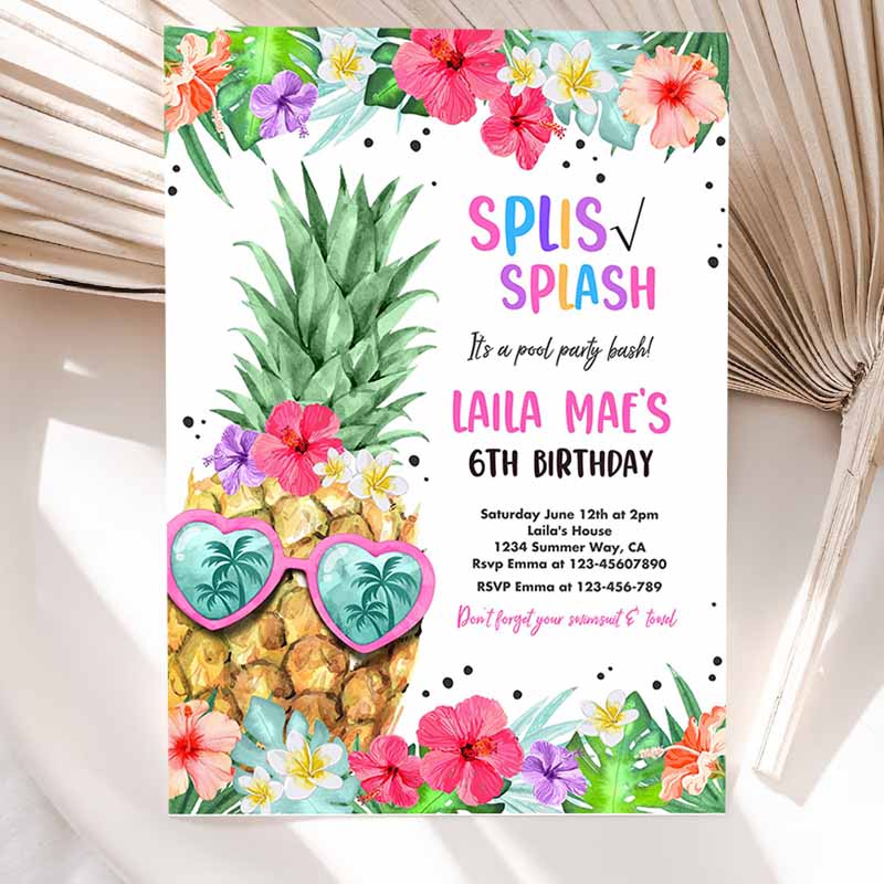 Tropical Pool Party Invitation, Hawaiian Luau Pool Kids Birthday, Pineapple Kids Birthday Party, Pineapple Pool Party