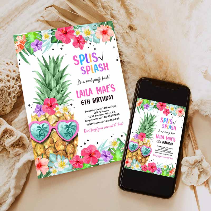 Tropical Pool Party Invitation, Hawaiian Luau Pool Kids Birthday, Pineapple Kids Birthday Party, Pineapple Pool Party