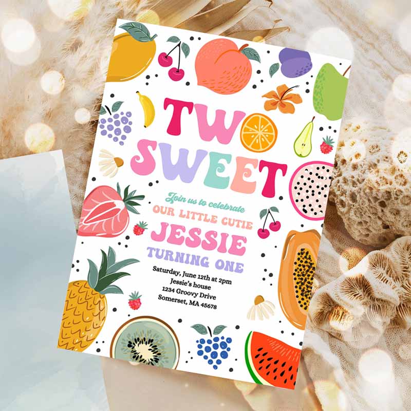 Tutti Frutti Kids Birthday Invitation, Two Sweet Kids Birthday Invitation, Twotti Frutti Tropical Summer Pool Party Invitation