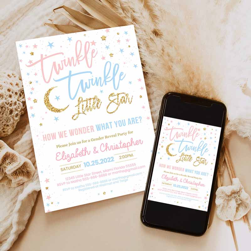 Twinkle Twinkle Littlear Gender Reveal Baby Shower Invitation, Boy Girl Shower Blue Pink Invite Invitation