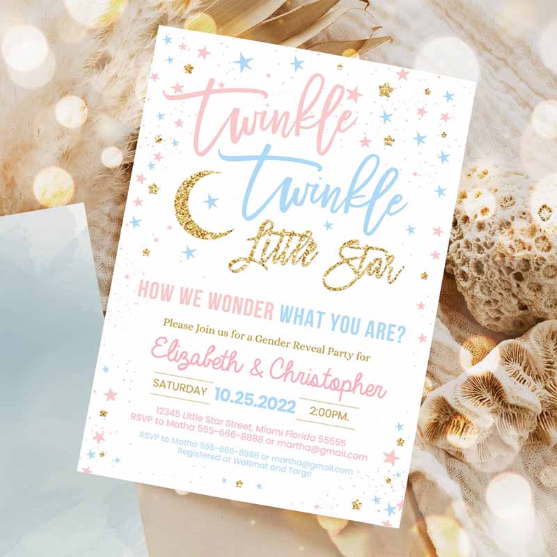 Twinkle Twinkle Littlear Gender Reveal Baby Shower Invitation, Boy Girl Shower Blue Pink