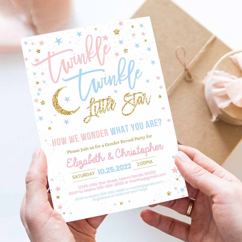 Twinkle Twinkle Littlear Gender Reveal Baby Shower Invitation, Boy Girl Shower Blue Pink