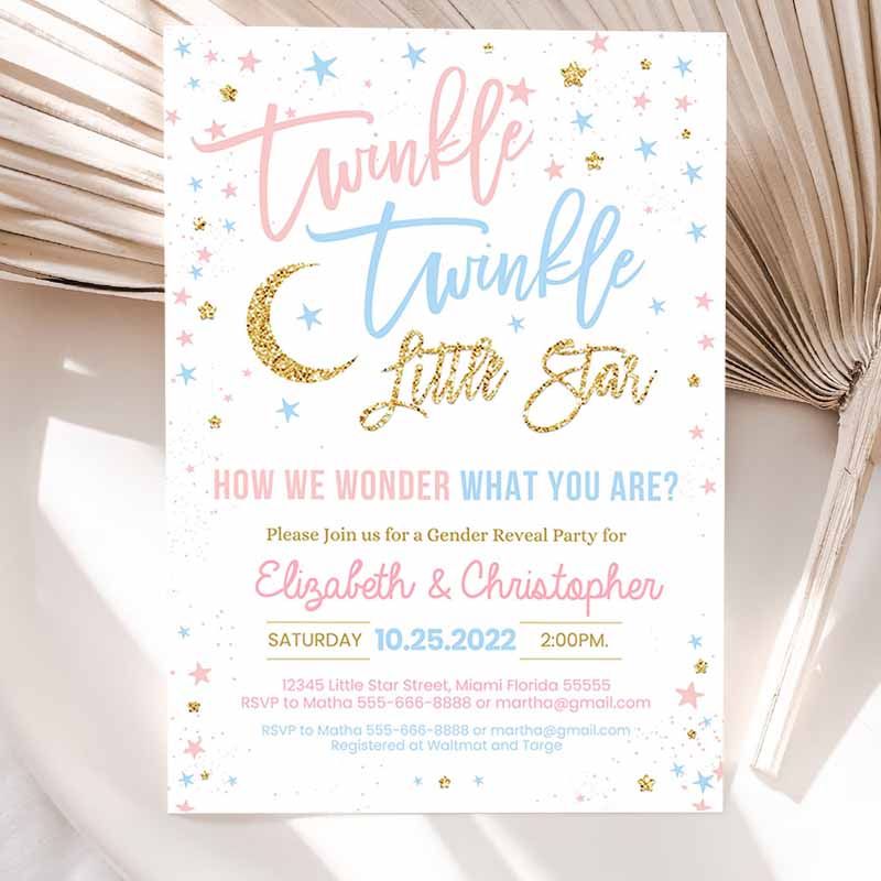 Twinkle Twinkle Littlear Gender Reveal Baby Shower Invitation, Boy Girl Shower Blue Pink