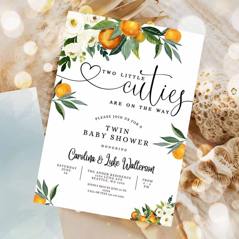 TWINS Two Little Cuties are one Way Greenery Orange Gender Neutral Baby Shower Invitation